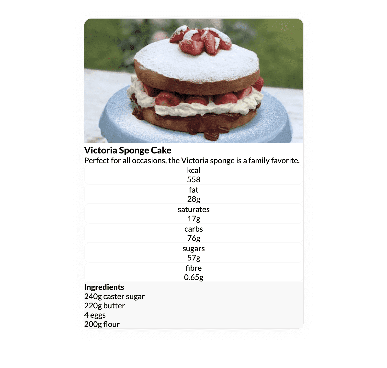 App running in browser displaying recipe card with no spacing